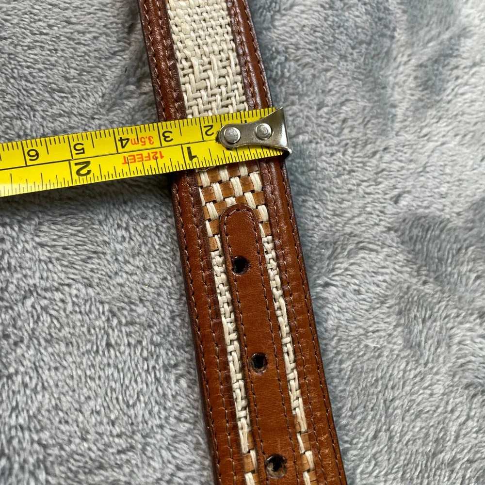 Vtg Aniline Kipskin Leather Woven Inlay Belt Solid Brass Buckle USA Mens 42